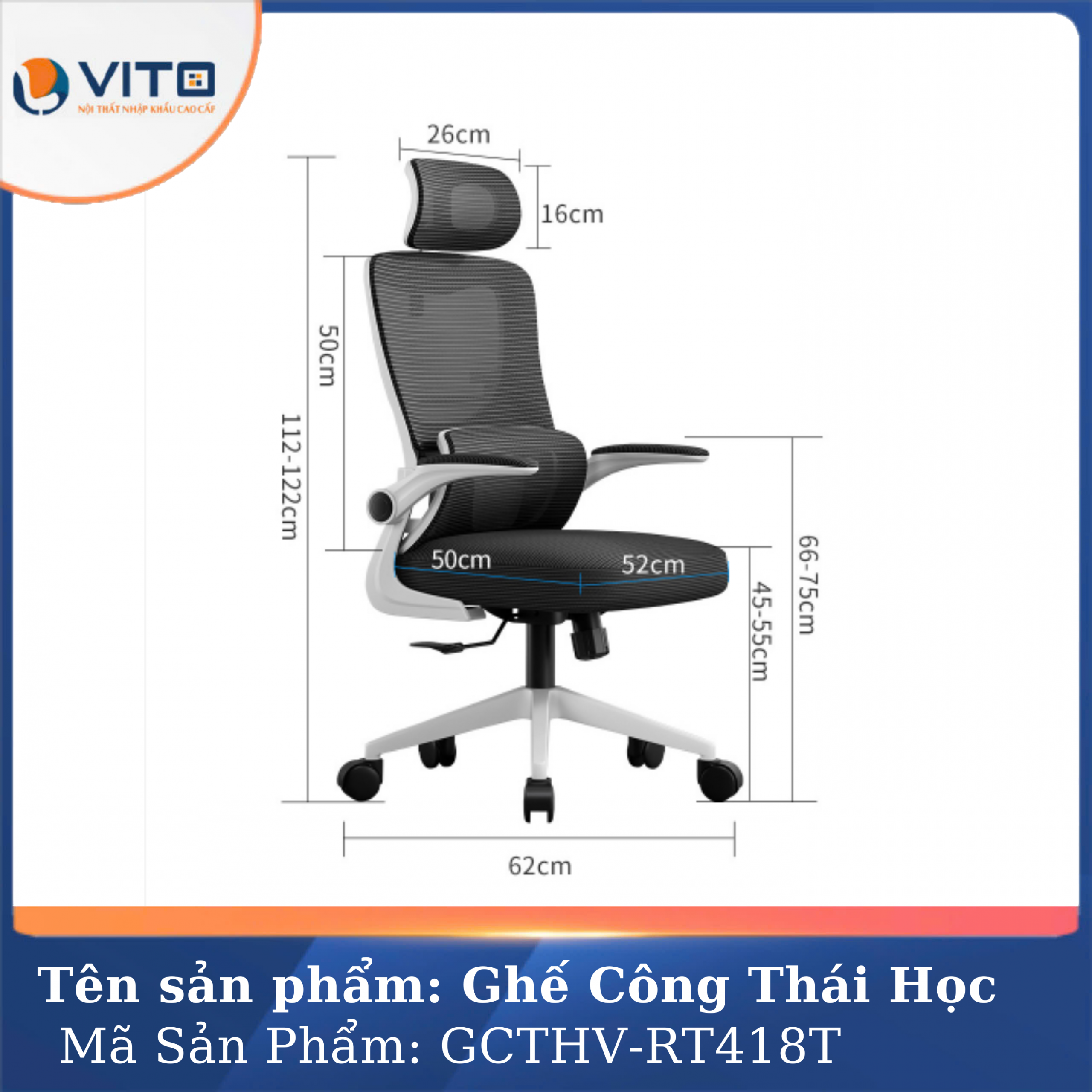 GHẾ CÔNG THÁI HỌC VITO GCTHV-RT418T 2 Ghế công thái học Vito GCTHV-RT418T - Ảnh 2