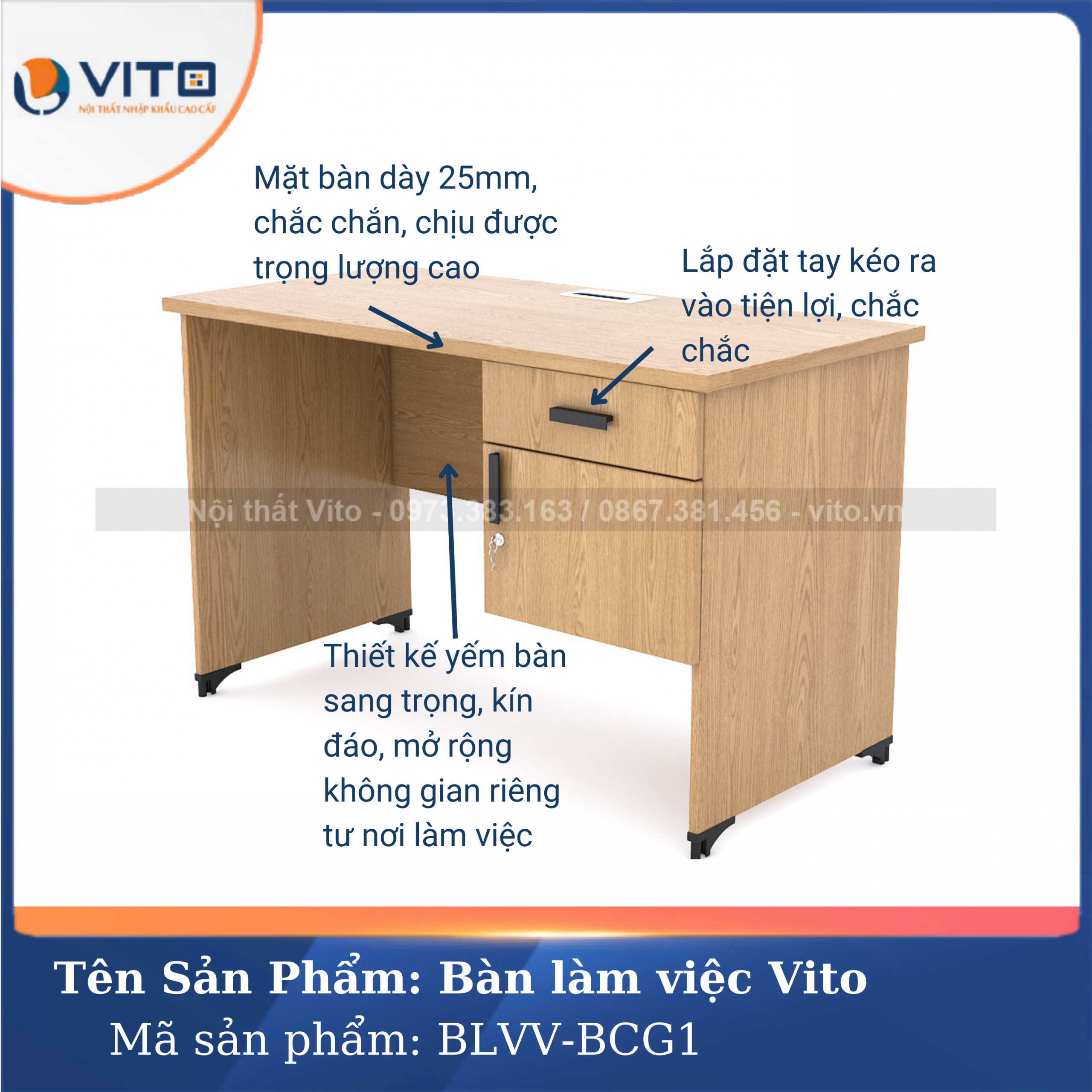 BÀN LÀM VIỆC CHÂN GỖ VITO BLVV-BCG1 9 Bàn làm việc chân gỗ Vito BLVV-BCG1 - Ảnh 9