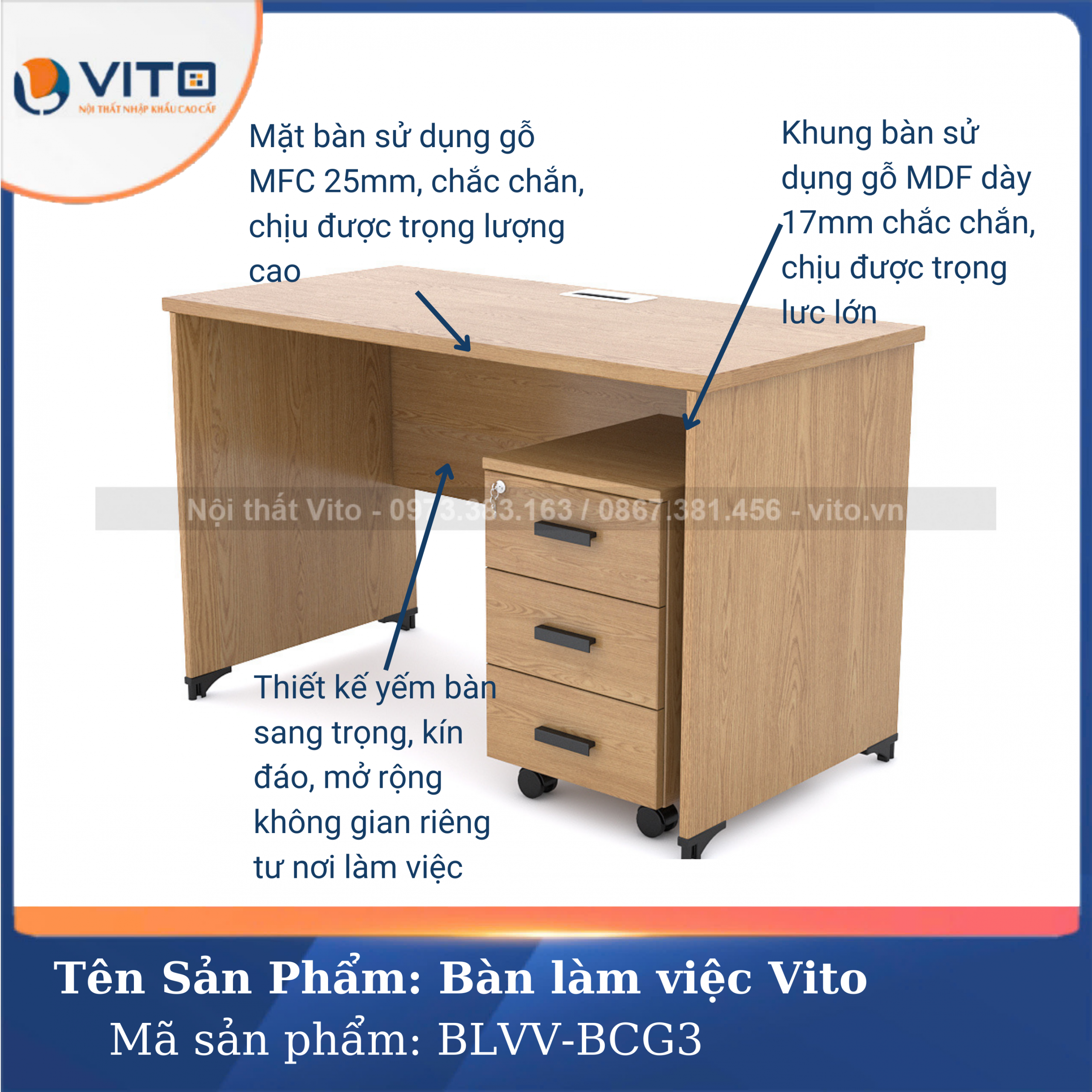 BÀN LÀM VIỆC CHÂN GỖ VITO BLVV-BCG3 9 Bàn làm việc chân gỗ Vito BLVV-BCG3 - Ảnh 9
