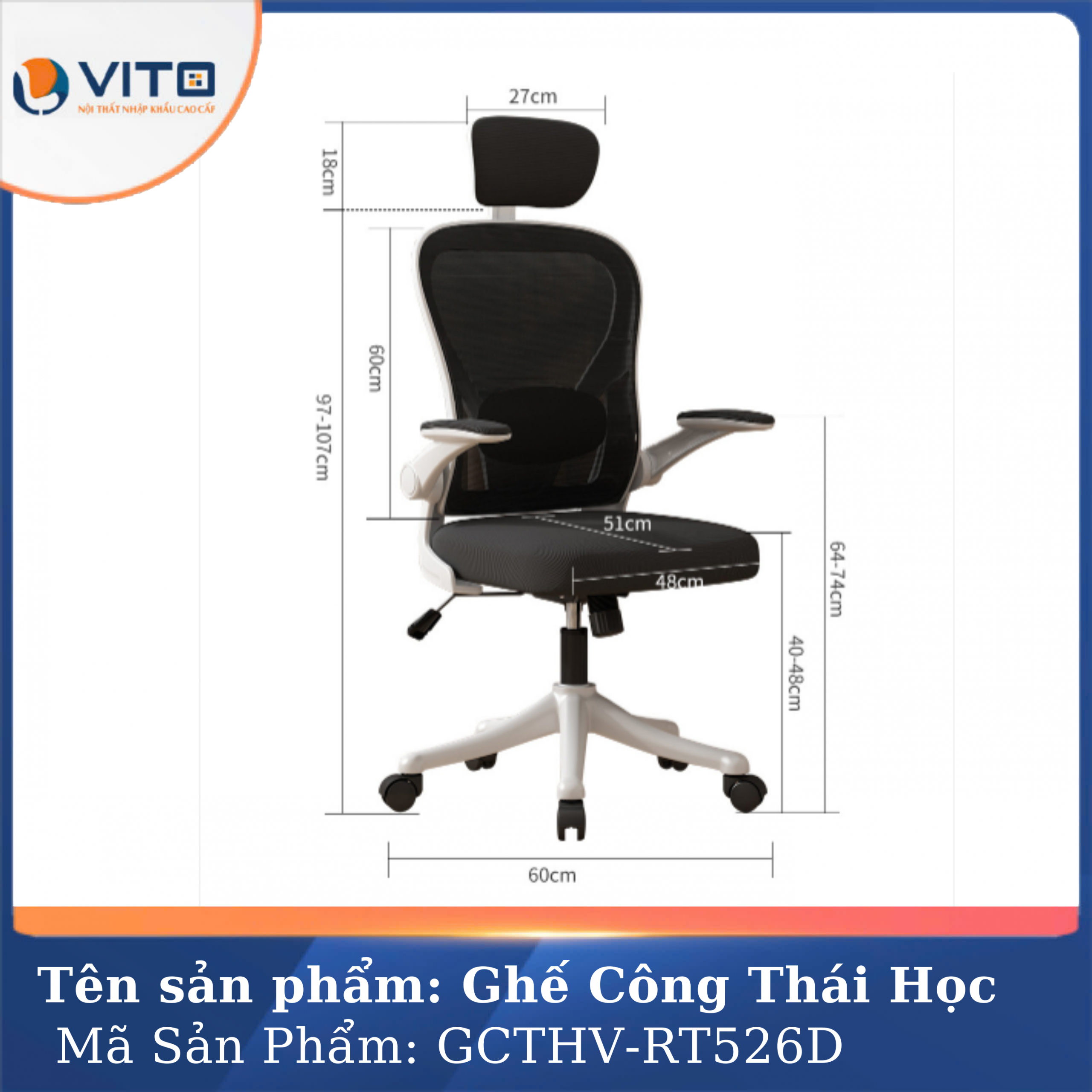 GHẾ CÔNG THÁI HỌC VITO GCTHV-RT526D 3 Ghế công thái học Vito GCTHV-RT526D - Ảnh 3