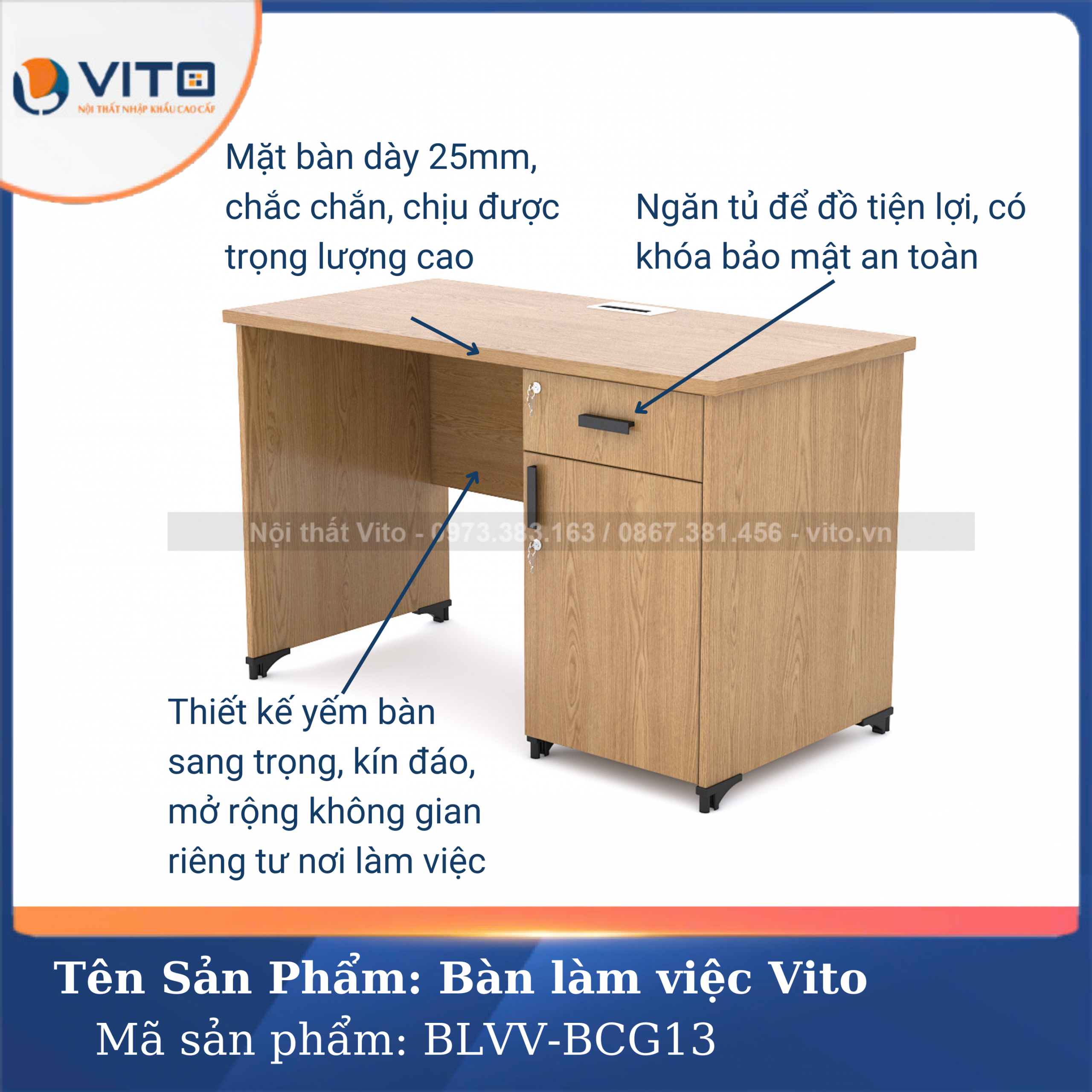 BÀN LÀM VIỆC CHÂN GỖ VITO BLVV-BCG13 10 Bàn làm việc chân gỗ Vito BLVV-BCG13 - Ảnh 10