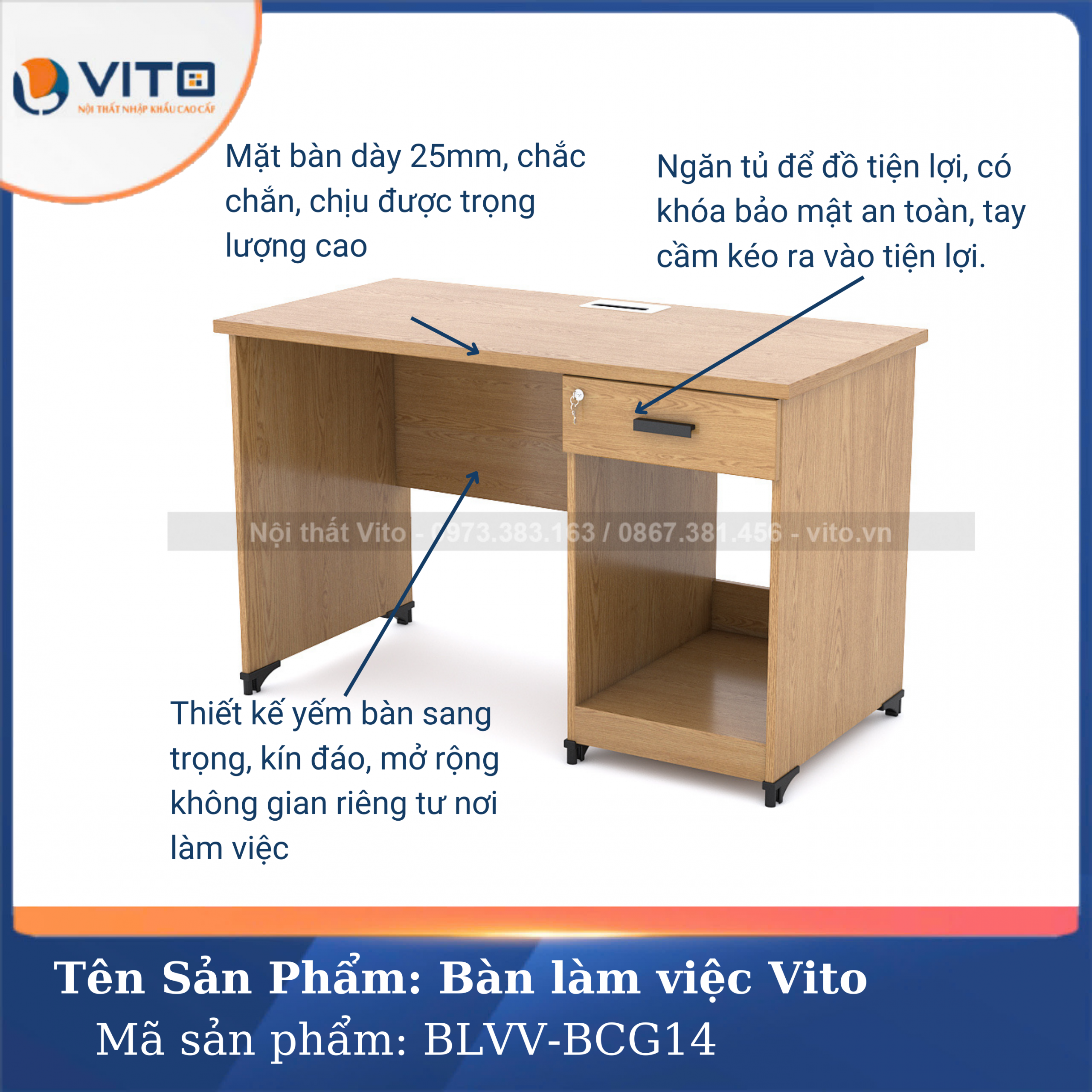 BÀN LÀM VIỆC CHÂN GỖ VITO BLVV-BCG14 11 Bàn làm việc chân gỗ Vito BLVV-BCG14 - Ảnh 11
