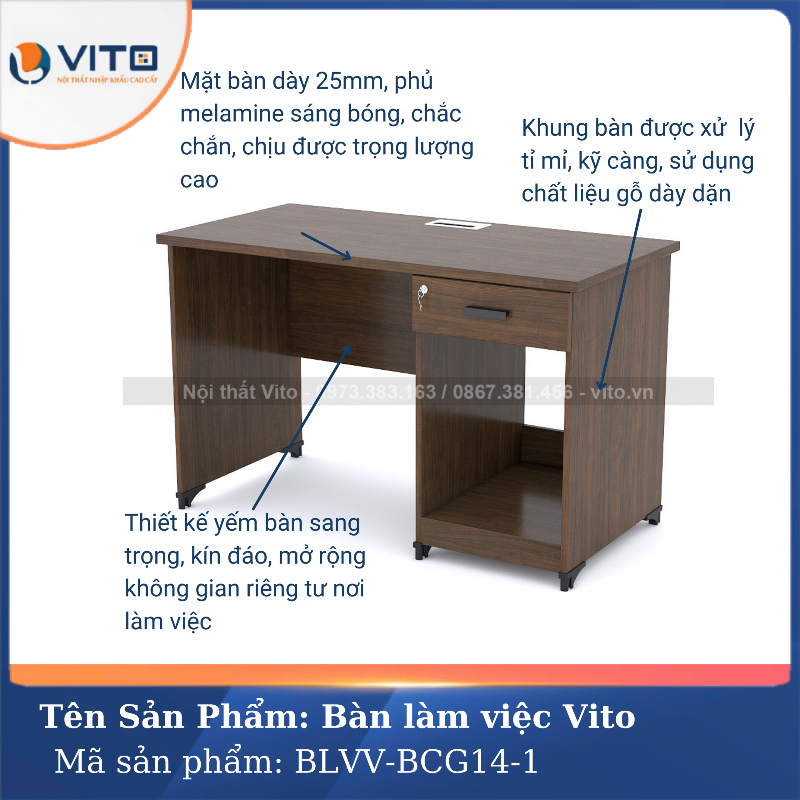 BÀN LÀM VIỆC CHÂN GỖ VITO BLVV-BCG14-1 11 Bàn làm việc chân gỗ Vito BLVV-BCG14-1 - Ảnh 11