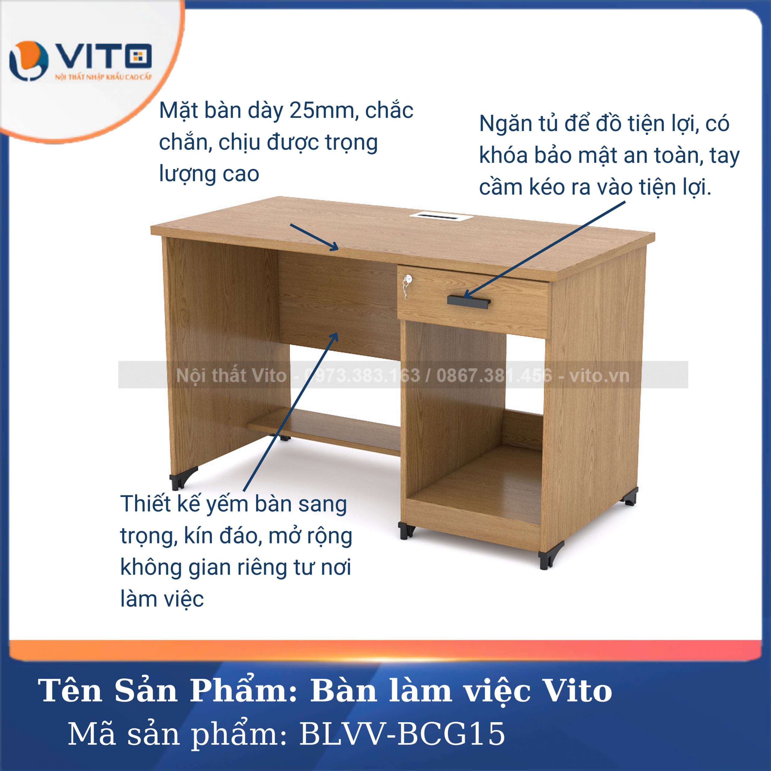 BÀN LÀM VIỆC CHÂN GỖ VITO BLVV-BCG15 11 Bàn làm việc chân gỗ Vito BLVV-BCG15 - Ảnh 11