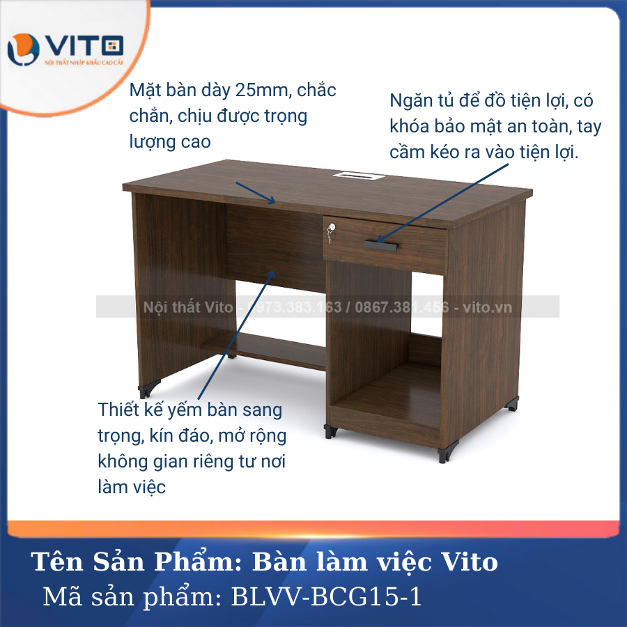 BÀN LÀM VIỆC CHÂN GỖ VITO BLVV-BCG15-1 11 Bàn làm việc chân gỗ Vito BLVV-BCG15-1 - Ảnh 11