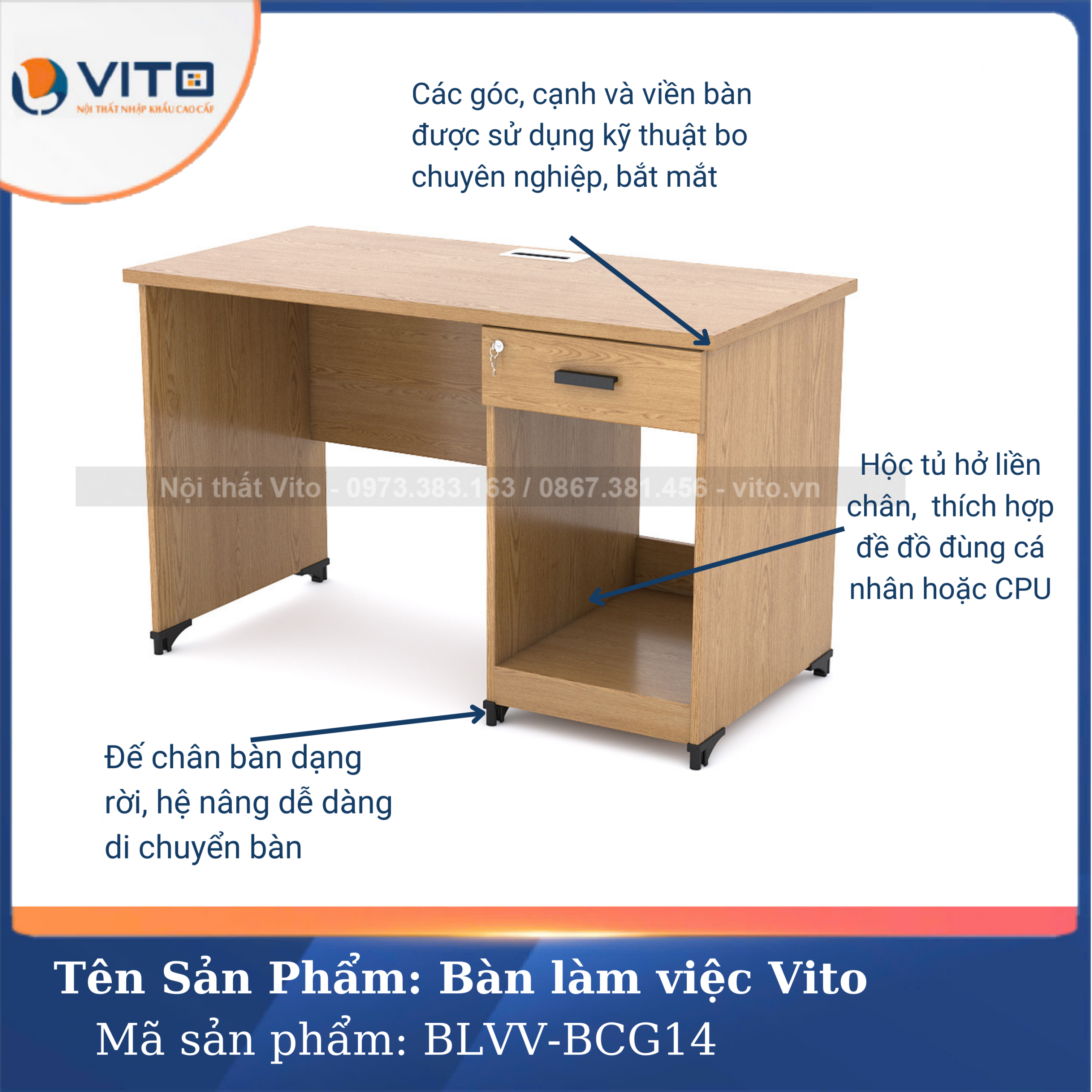 BÀN LÀM VIỆC CHÂN GỖ VITO BLVV-BCG14 10 Bàn làm việc chân gỗ Vito BLVV-BCG14 - Ảnh 10