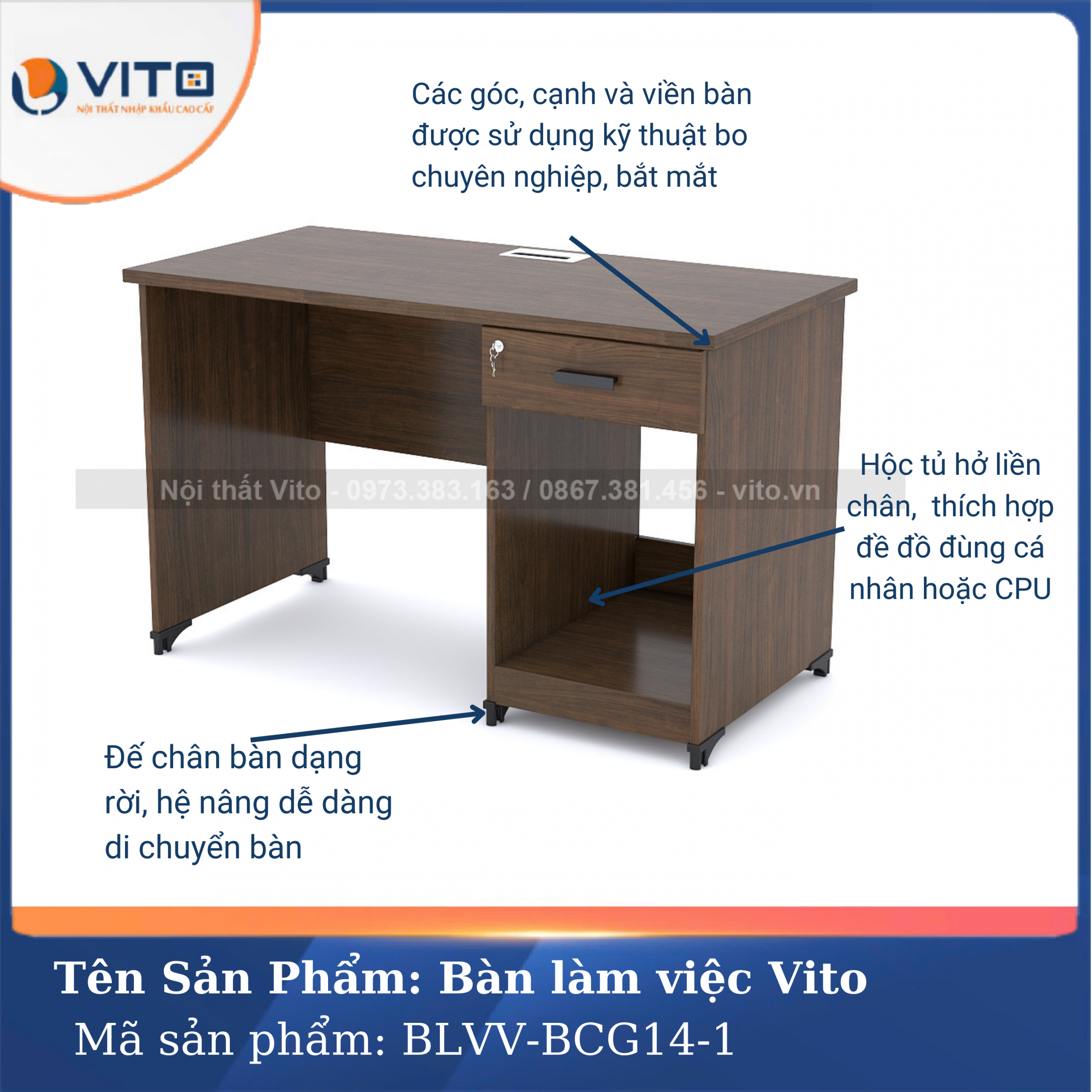 BÀN LÀM VIỆC CHÂN GỖ VITO BLVV-BCG14-1 10 Bàn làm việc chân gỗ Vito BLVV-BCG14-1 - Ảnh 10