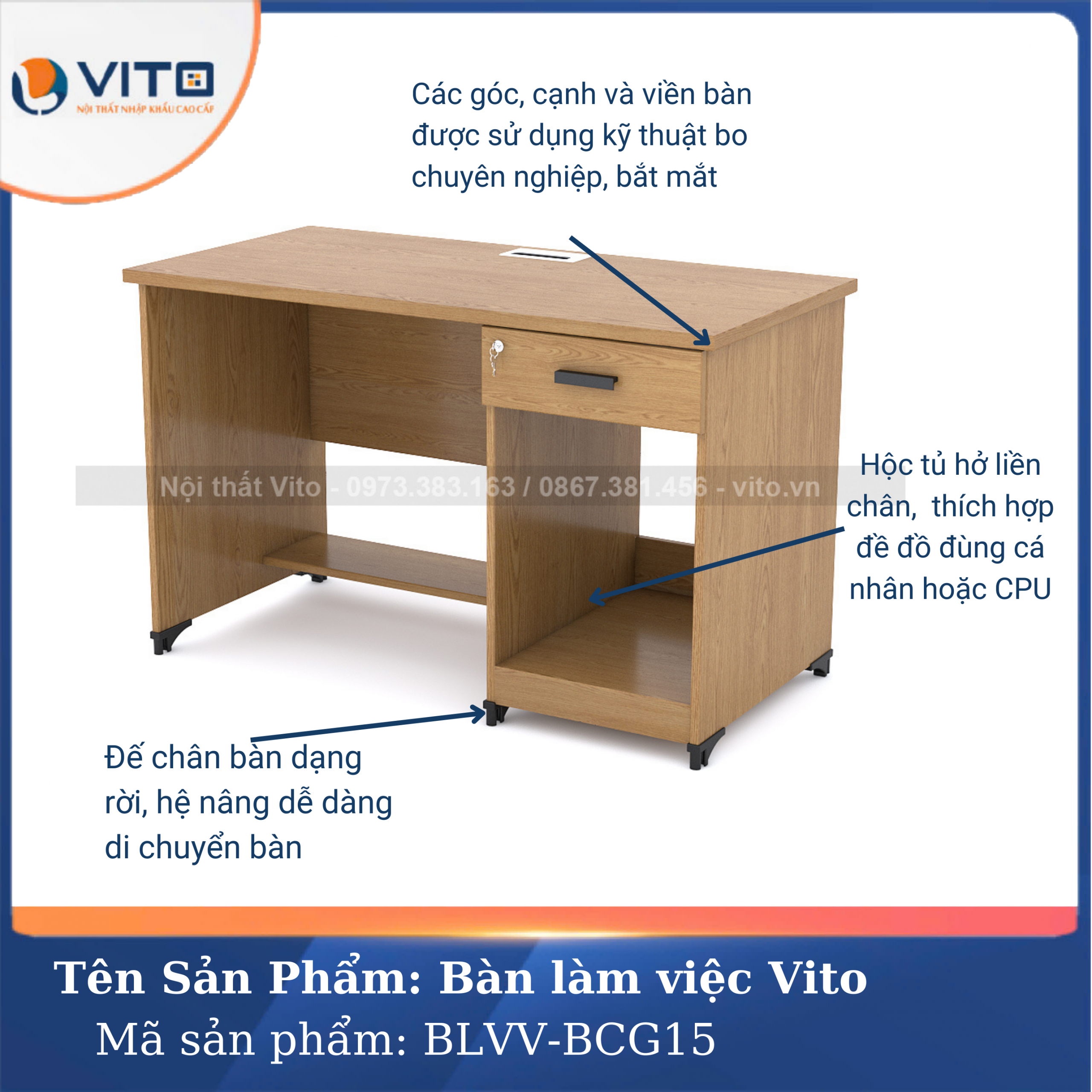 BÀN LÀM VIỆC CHÂN GỖ VITO BLVV-BCG15 10 Bàn làm việc chân gỗ Vito BLVV-BCG15 - Ảnh 10
