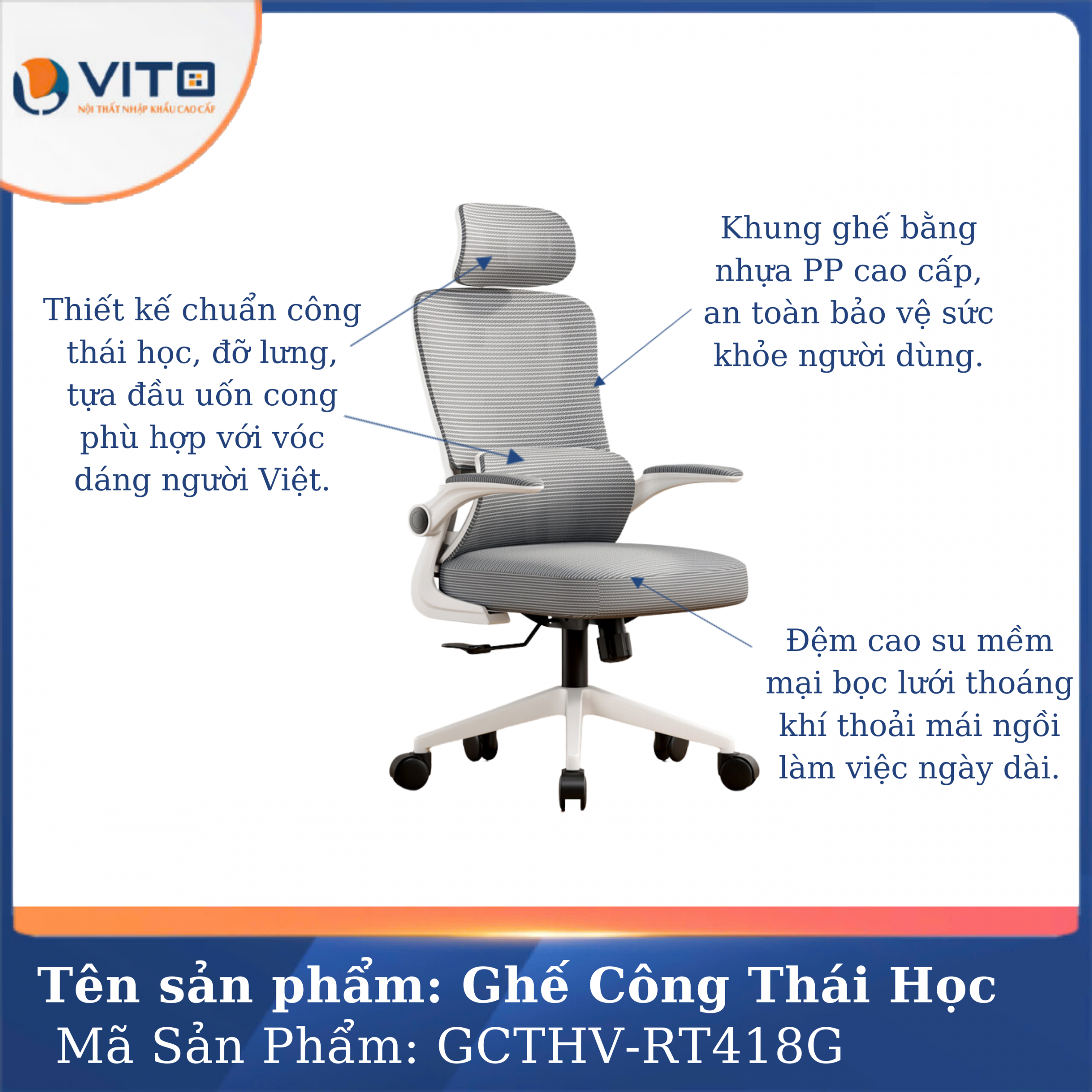 GHẾ CÔNG THÁI HỌC VITO GCTHV-RT418G 7 Ghế công thái học Vito GCTHV-RT418G - Ảnh 7