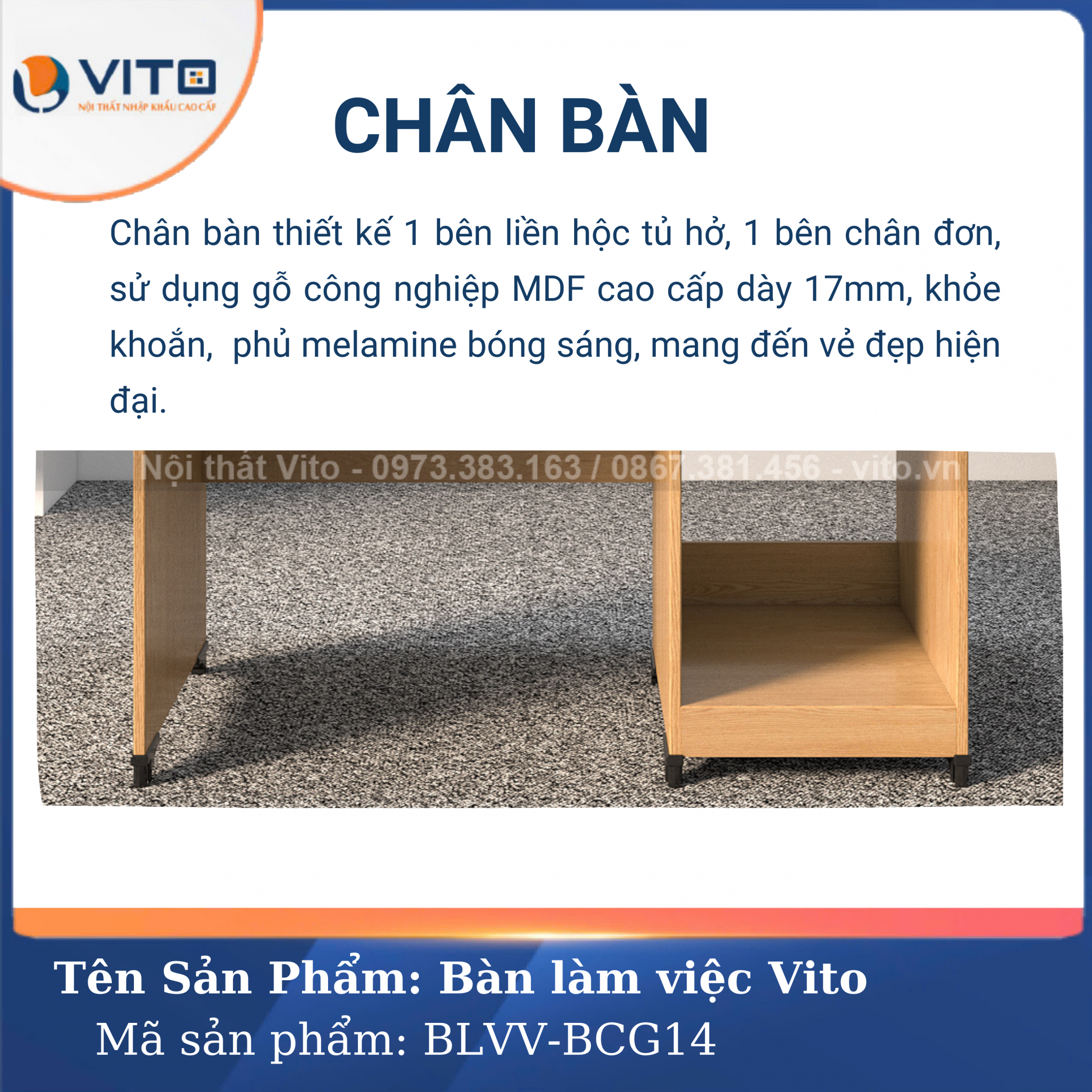 BÀN LÀM VIỆC CHÂN GỖ VITO BLVV-BCG14 7 Bàn làm việc chân gỗ Vito BLVV-BCG14 - Ảnh 7