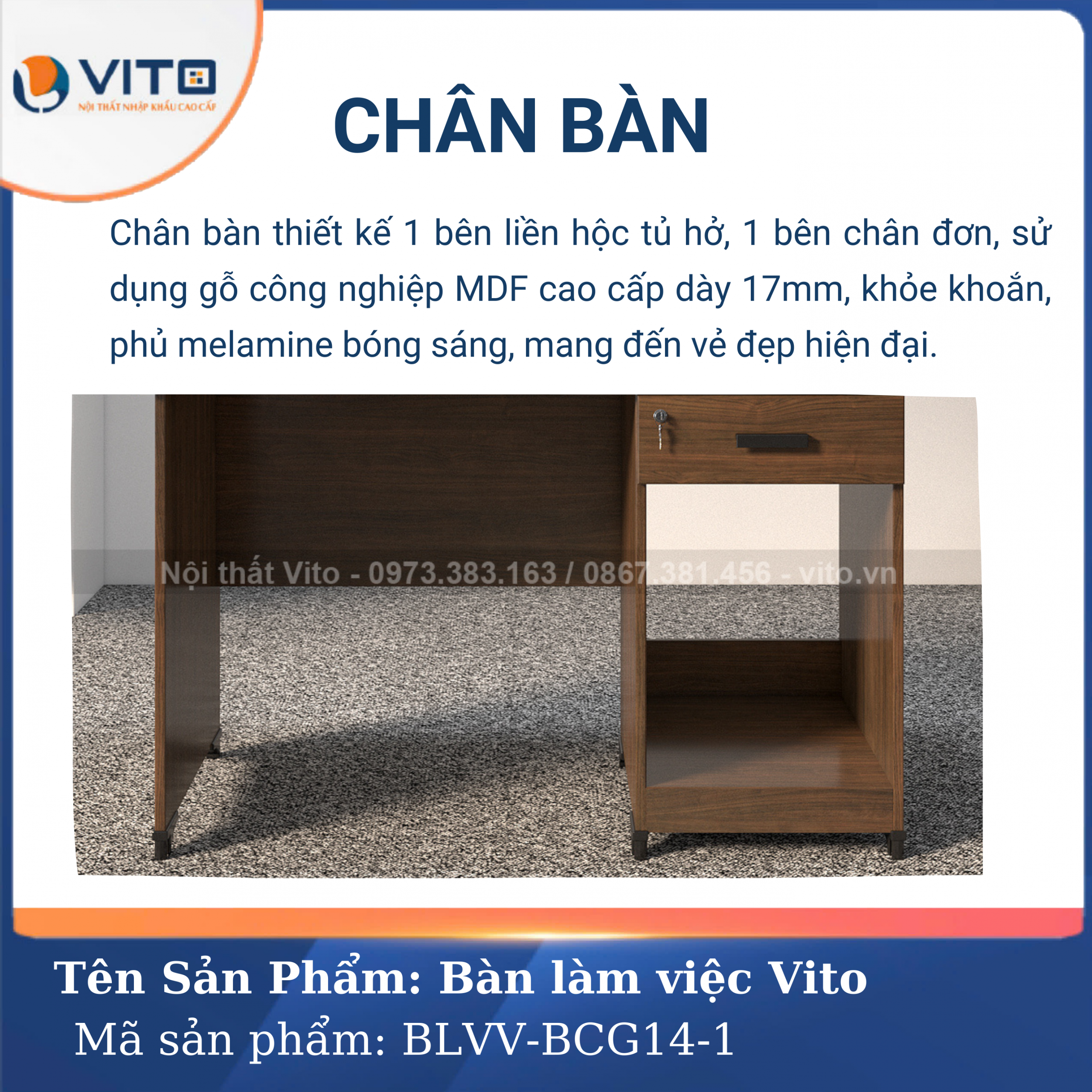 BÀN LÀM VIỆC CHÂN GỖ VITO BLVV-BCG14-1 7 Bàn làm việc chân gỗ Vito BLVV-BCG14-1 - Ảnh 7