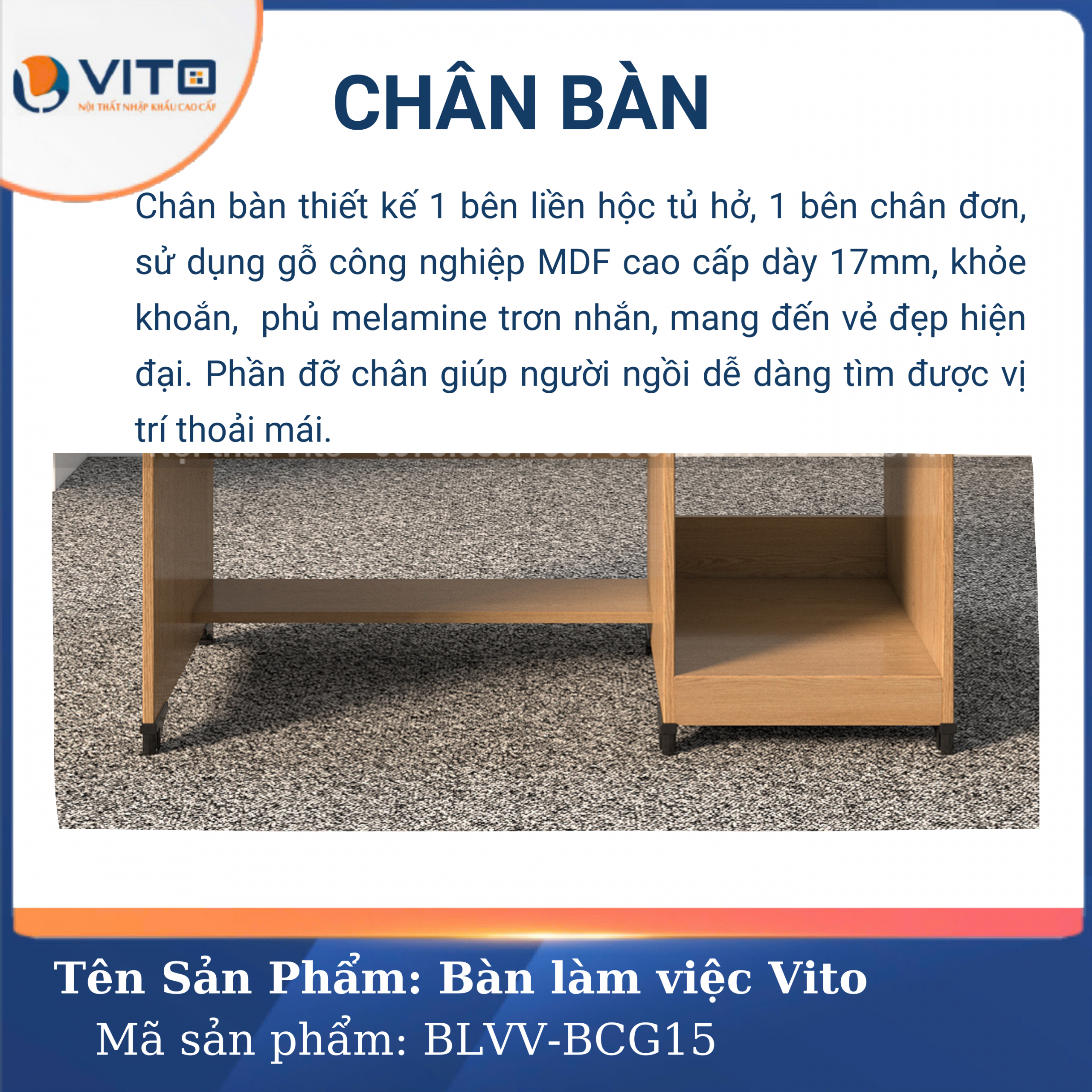 BÀN LÀM VIỆC CHÂN GỖ VITO BLVV-BCG15 7 Bàn làm việc chân gỗ Vito BLVV-BCG15 - Ảnh 7
