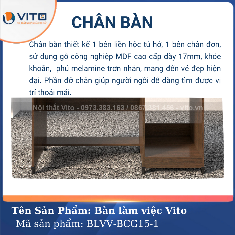 BÀN LÀM VIỆC CHÂN GỖ VITO BLVV-BCG15-1 7 Bàn làm việc chân gỗ Vito BLVV-BCG15-1 - Ảnh 7