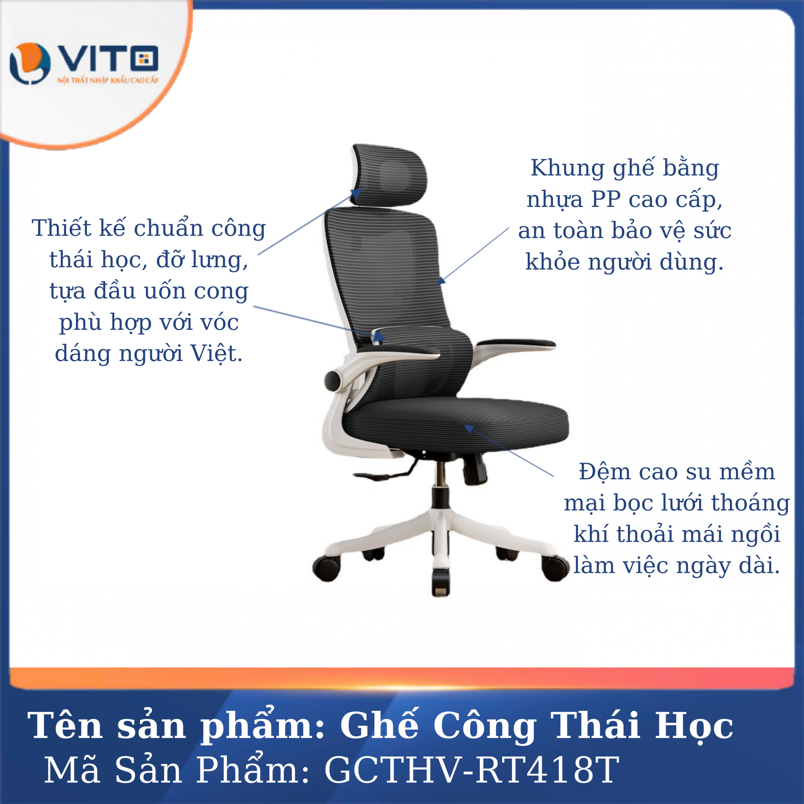 GHẾ CÔNG THÁI HỌC VITO GCTHV-RT418T 7 Ghế công thái học Vito GCTHV-RT418T - Ảnh 7