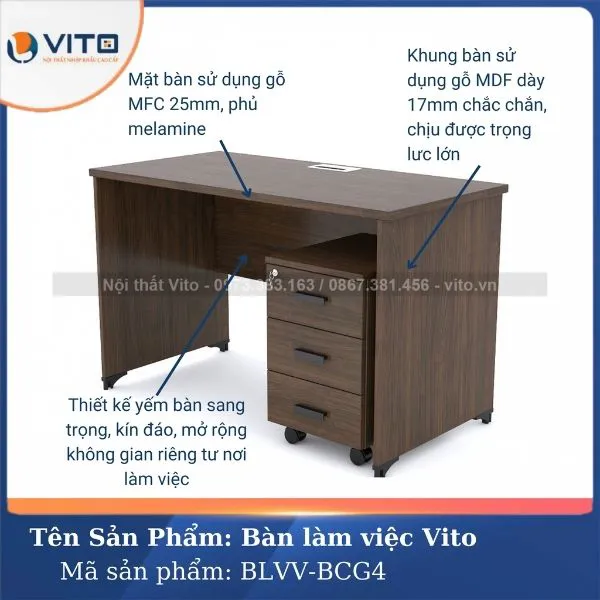 BÀN LÀM VIỆC CHÂN GỖ VITO BLVV-BCG4 6 Bàn làm việc chân gỗ Vito BLVV-BCG4 - Ảnh 6