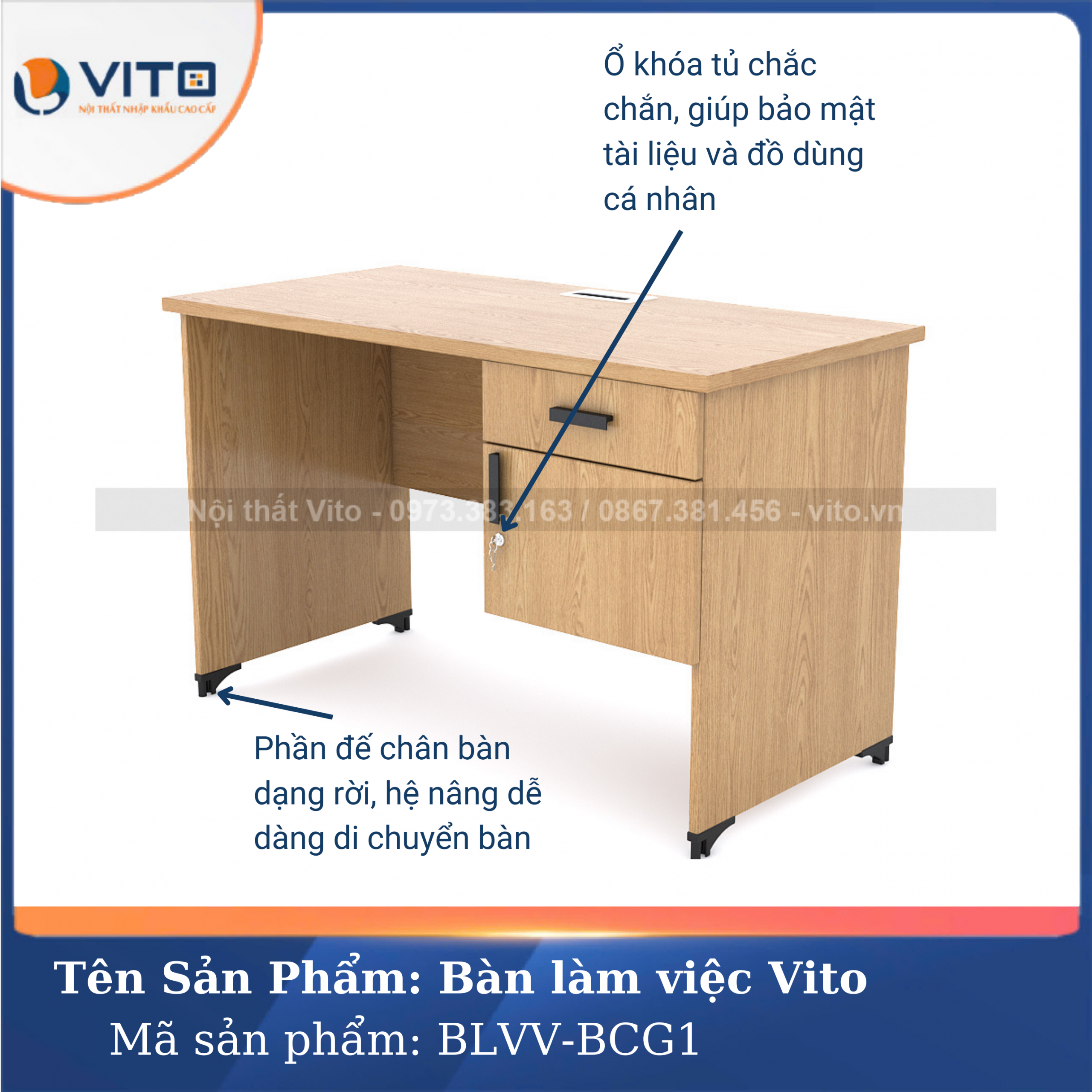 BÀN LÀM VIỆC CHÂN GỖ VITO BLVV-BCG1 10 Bàn làm việc chân gỗ Vito BLVV-BCG1 - Ảnh 10