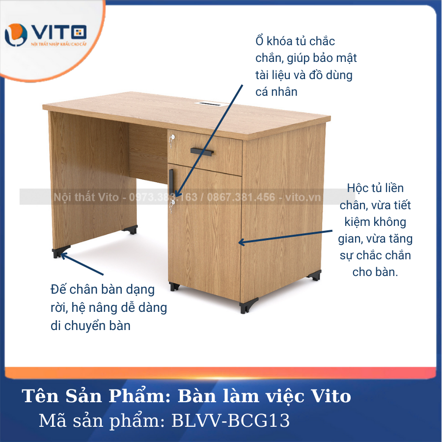 BÀN LÀM VIỆC CHÂN GỖ VITO BLVV-BCG13 11 Bàn làm việc chân gỗ Vito BLVV-BCG13 - Ảnh 11