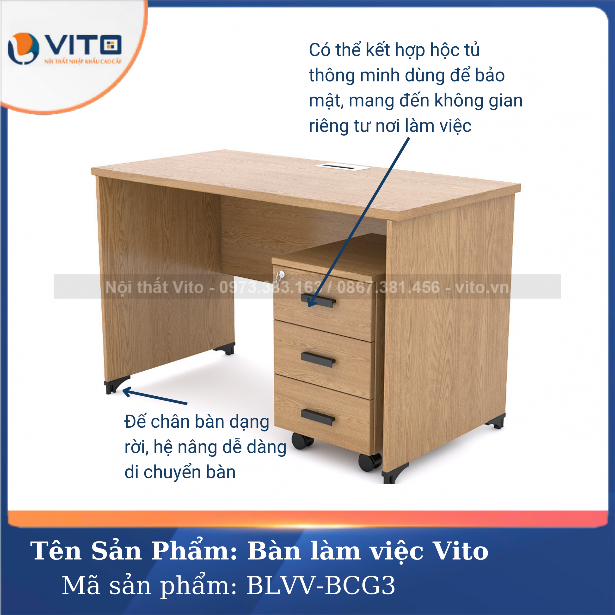 BÀN LÀM VIỆC CHÂN GỖ VITO BLVV-BCG3 2 Bàn làm việc chân gỗ Vito BLVV-BCG3 - Ảnh 2