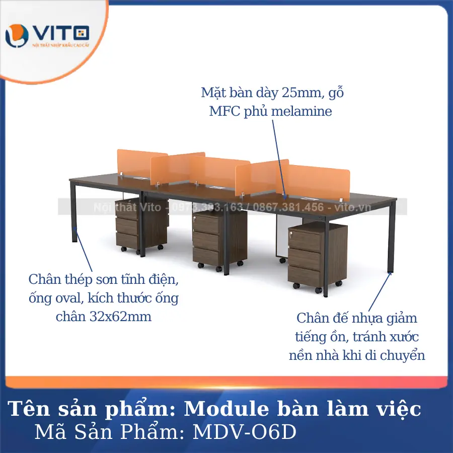 MODULE BÀN LÀM VIỆC 6 NGƯỜI CHÂN OVAL VITO MDV-O6D 4 Module bàn làm việc 6 người chân oval Vito MDV-O6D - Ảnh 4
