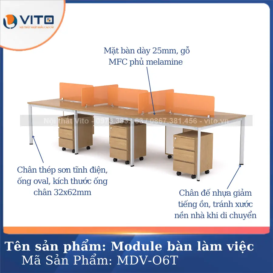 MODULE BÀN LÀM VIỆC 6 NGƯỜI CHÂN OVAL VITO MDV-O6T 3 Module bàn làm việc 6 người chân oval Vito MDV-O6T - Ảnh 3