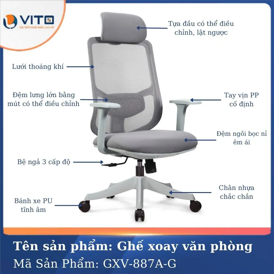 GHẾ XOAY VĂN PHÒNG GXV-887A-G 3 Ghế xoay văn phòng GXV-887A-G - Ảnh 3